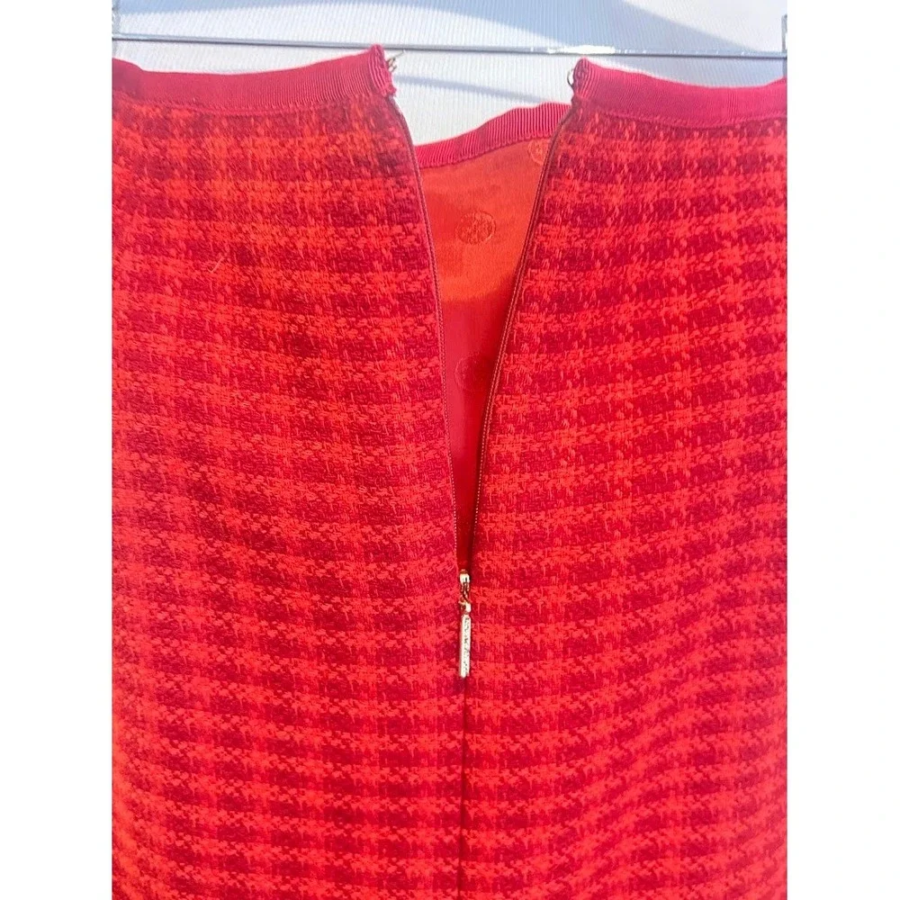 Tory Burch‎ Red Orange Textured Tweed Pencil Skirt Size 0 Gold Logo Zipper